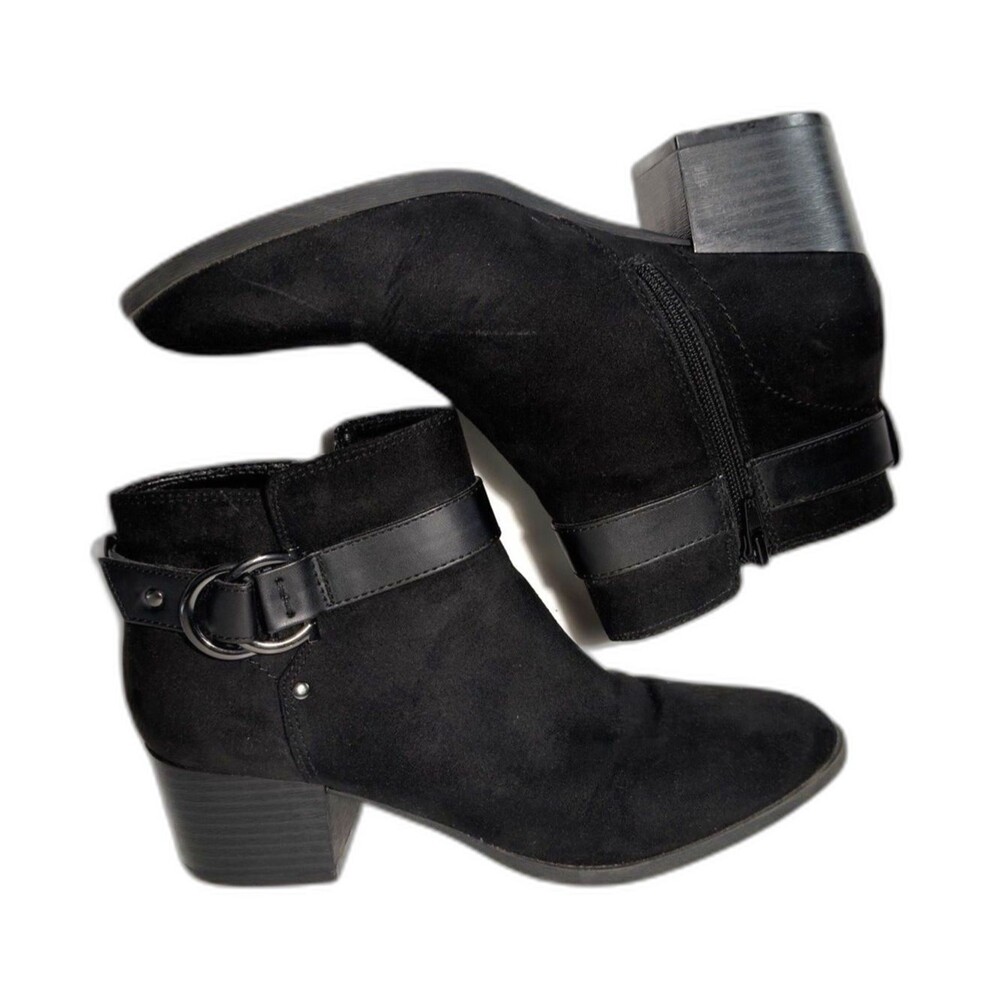 Unisa Unlayzer-M Black Almond Toe Block Heel Ankle Booties Zip Buckle 7.5M